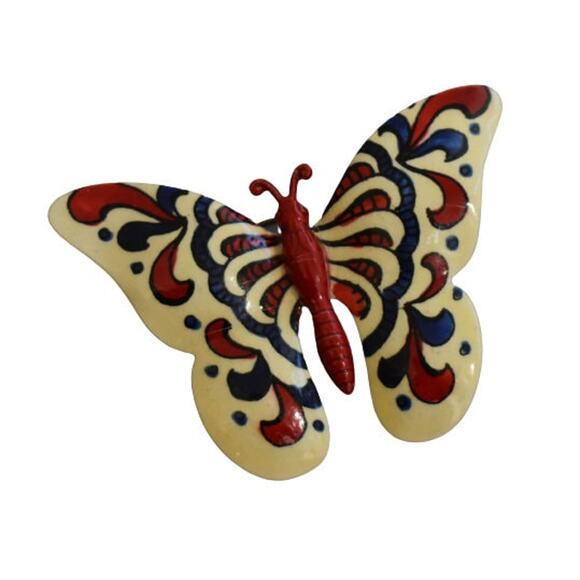 1980s Red Blue Cream Enamel Vintage Butterfly Figural Brooch Pin Made W Germany - Picture 1 of 4